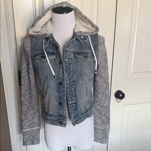 Free People Blue Denim & Gray Hooded Bomber Jacket size XS